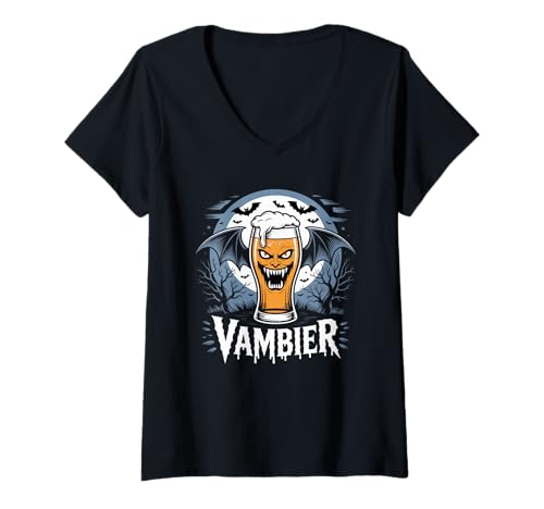 Damen Vambier Fledermaus Lustiger Spruch Halloween T-Shirt mit V-Ausschnitt Damen Vambier Fledermaus Lustiger Spruch Halloween T-Shirt mit V-Ausschnitt von Kürbis Vampir Halloween Kostüm JGA Mallorca Crew