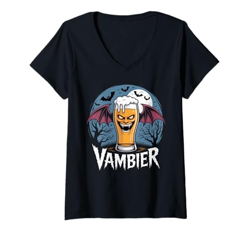 Damen Vambier Fledermaus Lustiger Spruch Halloween T-Shirt mit V-Ausschnitt von Kürbis Vampir Halloween Kostüm JGA Mallorca Crew