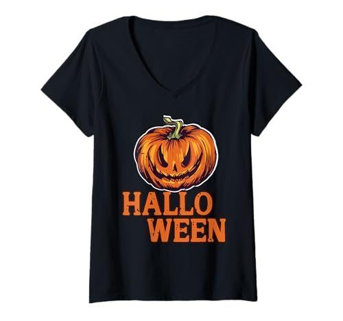 Damen Gruselige Halloween-Kürbisfratze mit Lächeln T-Shirt mit V-Ausschnitt Damen Gruselige Halloween-Kürbisfratze mit Lächeln T-Shirt mit V-Ausschnitt von Kürbisfratze für schaurige Halloween-Stimmung