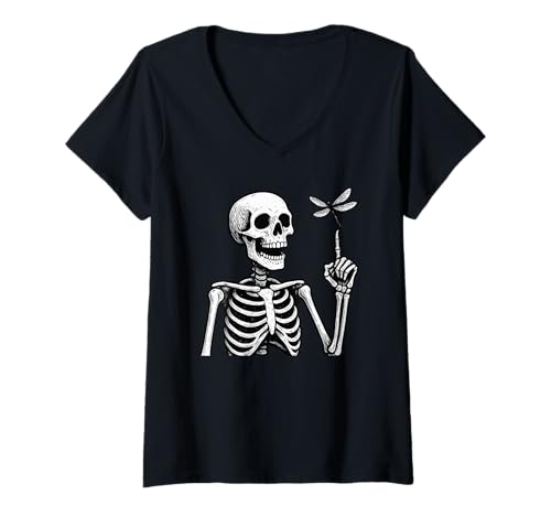 Damen Skelettlibelle Halloween T-Shirt mit V-Ausschnitt von Kürbislibelle Halloween