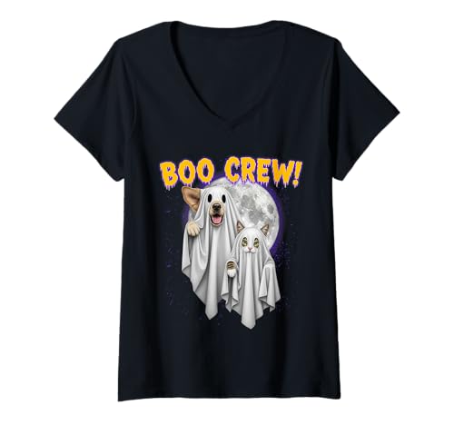 Damen Boo -Crew Halloween Hunde- und Katzenghost Moon Kostüm T T-Shirt mit V-Ausschnitt Damen Boo -Crew Halloween Hunde- und Katzenghost Moon Kostüm T T-Shirt mit V-Ausschnitt von Kürbispfoten Boo -Bekleidung