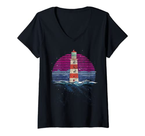 Damen Retro Leuchtturm T-Shirt mit V-Ausschnitt Damen Retro Leuchtturm T-Shirt mit V-Ausschnitt von Küste Leuchtturm Ozean Geschenkidee