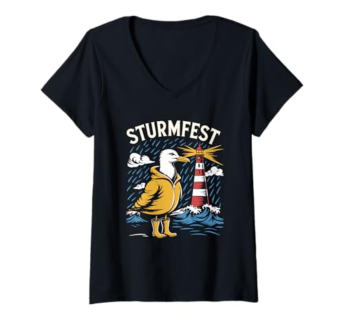 Damen Sturmfest -Möwe im Regenmantel mit Leuchtturmwellen T-Shirt mit V-Ausschnitt Damen Sturmfest -Möwe im Regenmantel mit Leuchtturmwellen T-Shirt mit V-Ausschnitt von Küste nautische Möwe Lighthouse Ocean Sturm