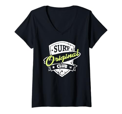 Damen Surf Original Crew Vintage Abzeichen Ozeanwelle Retro Stil T-Shirt mit V-Ausschnitt Damen Surf Original Crew Vintage Abzeichen Ozeanwelle Retro Stil T-Shirt mit V-Ausschnitt von Küsten Wellenreiter Sommer Lifestyle
