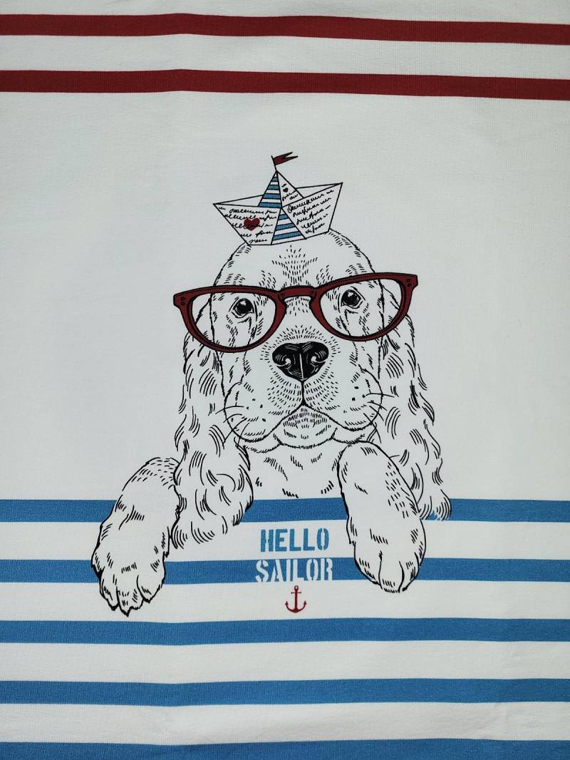 Bio Baumwolle Kinderpullover Weich, Kuschelig Und Maritim - Nachhaltig Produzierte Pullover Für Glückliche Kinder Blau Weiß Gestreift-Hund von Kuestenjuwel