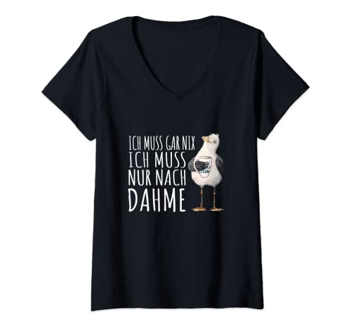 Damen Ich muss garnichts Ich muss nur nach Dahme T-Shirt mit V-Ausschnitt Damen Ich muss garnichts Ich muss nur nach Dahme T-Shirt mit V-Ausschnitt von Küstenkind Ostsee Nordsee Vintage Urlaub am Meer