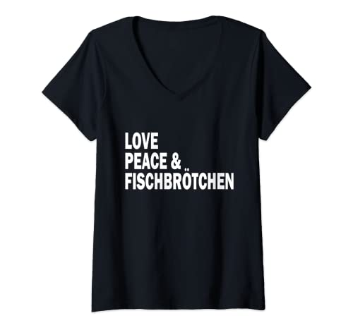 Damen Moin Fischbrötchen Love Peace norddeutsch plattdeutsch T-Shirt mit V-Ausschnitt Damen Moin Fischbrötchen Love Peace norddeutsch plattdeutsch T-Shirt mit V-Ausschnitt von Küstenkind Ostsee Nordsee Vintage Urlaub am Meer