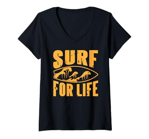 Damen Surf fürs Leben Ozeanwelle Surfbrett Küstenstil T-Shirt mit V-Ausschnitt von Küstensurfbretter und Wellenfans