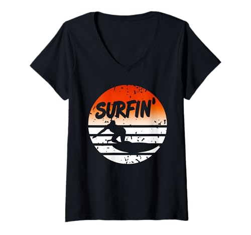 Damen Retro Surfen Ozeanwellenreiter Sonnenuntergang T-Shirt mit V-Ausschnitt Damen Retro Surfen Ozeanwellenreiter Sonnenuntergang T-Shirt mit V-Ausschnitt von Küstensurfen und Strandliebhaber