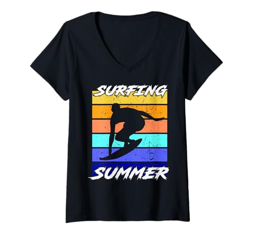 Damen Retro Surfing Sommer Silhouette Ozean Flair T-Shirt mit V-Ausschnitt Damen Retro Surfing Sommer Silhouette Ozean Flair T-Shirt mit V-Ausschnitt von Küstenvibes Surfer Strand Szene