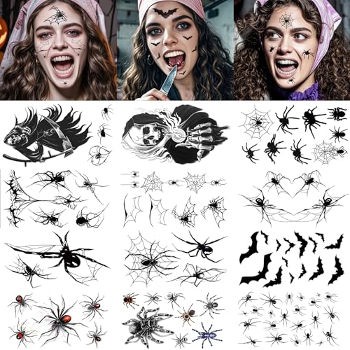 12 Blatt Gesichtstattoo Karneval,große Größe Fledermaus Spinnen Tattoo,Erwachsene Kinder Halloween Fasching Tattoo Hexen Zubehör für Karnevalsschminke Halloween Masquerade Party von KufaerBeam