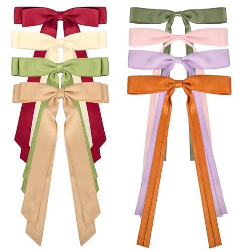 8 Haarschleifen, Haarspangen mit Schleife, seidige Satin-Haarschleifen mit langem Schwanz und Metallclip für Damen und Mädchen (4 Stück einlagig, 4 Stück doppellagig) von KufaerBeam