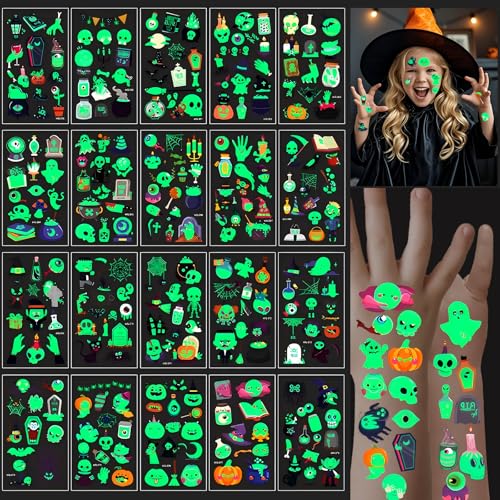 Halloween Tattoos,10/20 Blätter Leucht tattoo Kinder Gruselig,Spinnennetz temporäre Tattoo Aufkleber,Kürbis Hexe Fledermaus,Feiertage Cosplay Gesicht Make-up Zubehör Halloween Party Geschenke (20PCS) von KufaerBeam