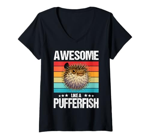 Damen Kugelfische Kugelfisch T-Shirt mit V-Ausschnitt Damen Kugelfische Kugelfisch T-Shirt mit V-Ausschnitt von Kugelfische Kugelfisch Tier Shop