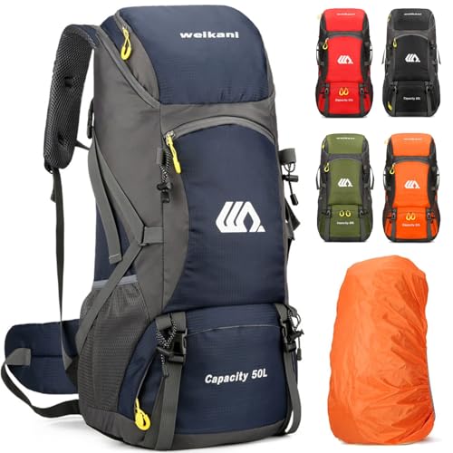 Kugooyi 50L Wanderrucksack mit Regenschutz Wasserdicht Leichtes Camping Outdoor Sport Trekking Klettern Skifahren Reisetasche (Blau) von Kugooyi