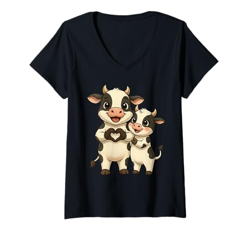 Damen Kuh Pärchen mit Herz | Süßes Kuh Liebespaar mit Handzeichen T-Shirt mit V-Ausschnitt Damen Kuh Pärchen mit Herz | Süßes Kuh Liebespaar mit Handzeichen T-Shirt mit V-Ausschnitt von Kuh Designer Designs