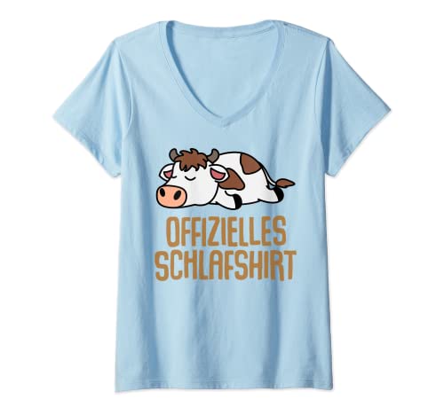 Damen Offizielles Schlafshirt Pyjama Nachthemd Kuh Kalb Geschenk T-Shirt mit V-Ausschnitt von Kuh Kalb Fun Geschenkidee Langschläfer Faulenzer