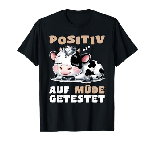 Kuh T-Shirt Geschenke Schlafshirt Damen Herren - Positiv auf Müde Getestet - Witziges Motiv mit einer müden schlafenden Kuh - Unisex - Schwarz - S - EU 40/42 - Klassische Passform - Polyester 100% von Kuh T-Shirt Geschenke Schlafshirt Damen Herren