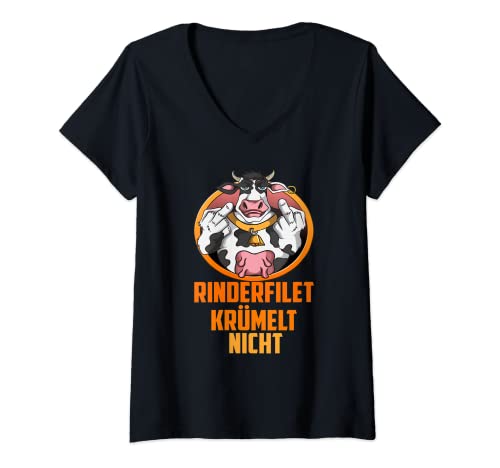 Damen Grillmeister Rinderfilet krümelt nicht Kuh Spruch Landwirt T-Shirt mit V-Ausschnitt Damen Grillmeister Rinderfilet krümelt nicht Kuh Spruch Landwirt T-Shirt mit V-Ausschnitt von Kuh mit Sonnenbrille Kuhliebhaber Fleisch Sprüche