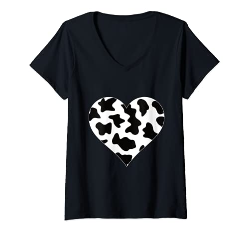 Damen Herz in Kuhmuster Kuhflecken Kuh T-Shirt mit V-Ausschnitt von Kuhmuster Deko