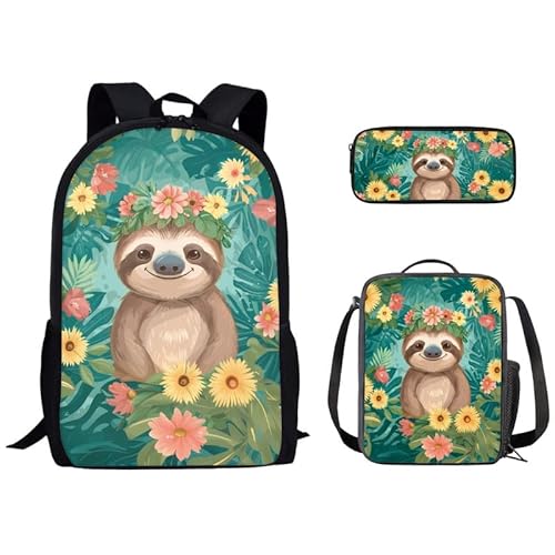 Kuiaobaty 3-in-1 Kinder-Schultasche mit Lunch-Tasche, Federmäppchen, Rucksack für Teenager, Jungen, Mädchen, Faultiere, Blumen von Kuiaobaty