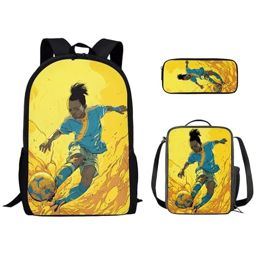 Kuiaobaty 3-in-1 Kinder-Schultasche mit Lunch-Tasche, Federmäppchen, Rucksack für Teenager, Jungen, Mädchen, Fußballspieler von Kuiaobaty