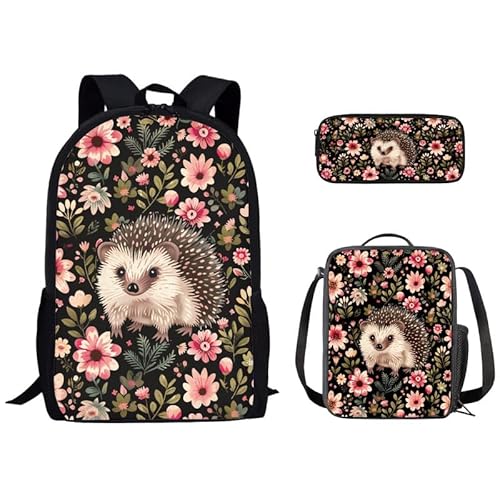 Kuiaobaty 3-in-1 Kinder-Schultasche mit Lunch-Tasche, Federmäppchen, Rucksack für Teenager, Jungen, Mädchen, Igelblumen von Kuiaobaty