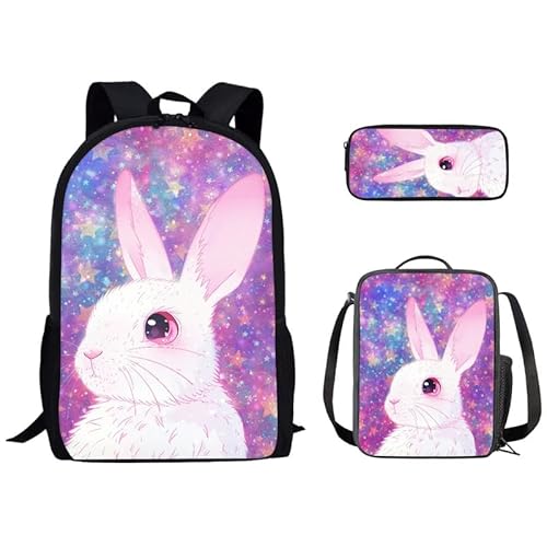 Kuiaobaty 3-in-1 Kinder-Schultasche mit Lunch-Tasche, Federmäppchen, Rucksack für Teenager, Jungen, Mädchen, Rosa Hasensterne von Kuiaobaty