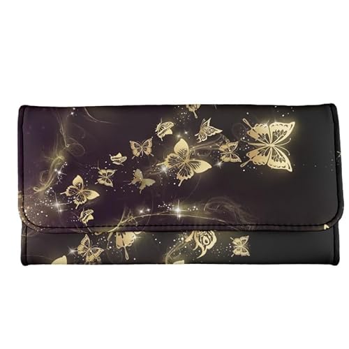 Kuiaobaty Aquarell Blumen Frauen Lange Geldbörsen Trifold Pu Leder Clutch, Marmor Textur Brieftasche Tasche Handtasche Geschenke für Frauen, Goldener magischer Schmetterling, Casual von Kuiaobaty