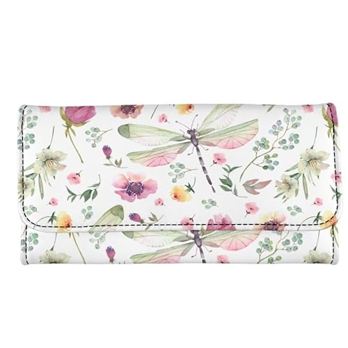 Kuiaobaty Aquarell Blumen Frauen Lange Geldbörsen Trifold Pu Leder Clutch, Marmor Textur Brieftasche Tasche Handtasche Geschenke für Frauen, Libellen-Blumenmuster, Casual von Kuiaobaty