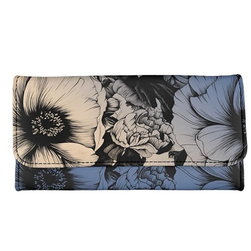 Kuiaobaty Aquarell Blumen Frauen Lange Geldbörsen Trifold Pu Leder Clutch, Marmor Textur Brieftasche Tasche Handtasche Geschenke für Frauen, Zeichnung Pfingstrose Blau, Casual von Kuiaobaty