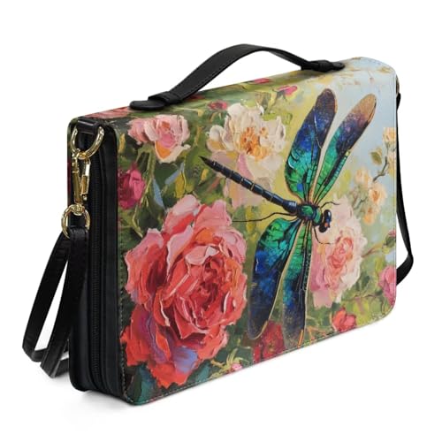 Kuiaobaty Bibelbuchtasche mit Schultergurt, Motiv: Libellen, Blumen, Gemälde, Bibel-Kirchentasche, PU-Leder, Größe XXL von Kuiaobaty
