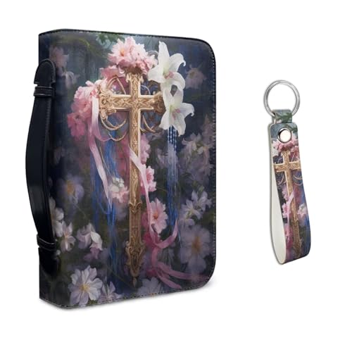 Kuiaobaty Bibelhülle mit Blumenmuster und Kreuzdruck, Leder, Kirche, Bibeltasche, schützende Tragetasche mit passendem Leder-Schlüsselanhänger, Organizer mit Stiftschlitzen, Geschenk für Männer, von Kuiaobaty