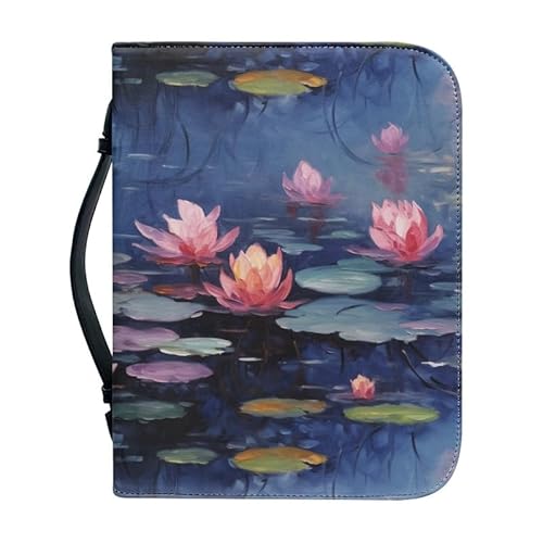 Kuiaobaty Bibelhülle mit Reißverschluss, Motiv: Wasserlilie, mit Taschen, Vintage-Malerei, Blumenmuster, für Bibel, PU-Leder von Kuiaobaty