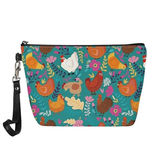 Kuiaobaty Boho Floral Frauen Make-up Tasche Reise Kosmetiktasche Beutel Pilze Mädchen Kulturbeutel Reißverschluss Kunstleder Geldbörse, Bauernhof Huhn Floral, Taschen-Organizer von Kuiaobaty