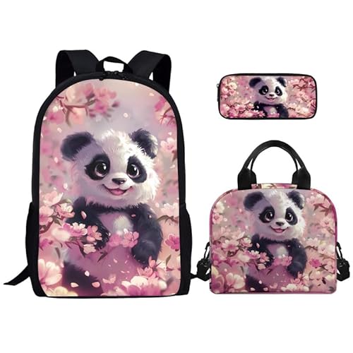 Kuiaobaty Cartoon Dino Schulrucksack-Set für Mädchen Jungen Schultasche Griff Mittagessen Tasche Federmäppchen 3 in 1, Pinker Pandabär von Kuiaobaty