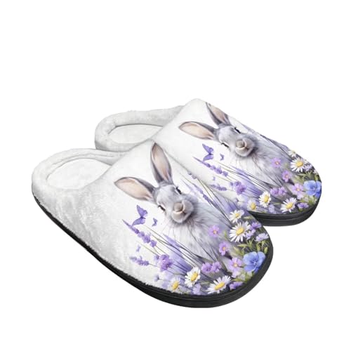 Kuiaobaty Cartoon Tier Hausschuhe für Damen, Winter Scuff Filz Hausschuhe Weich Slip On Warm Haus Indoor/Outdoor Schuhe, Kaninchenblüte, 45/45.5 EU von Kuiaobaty