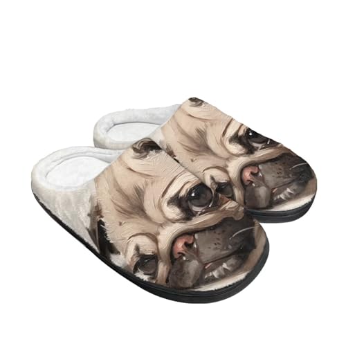 Kuiaobaty Cartoon Tier Hausschuhe für Damen, Winter Scuff Filz Hausschuhe Weich Slip On Warm Haus Indoor/Outdoor Schuhe, Mops-Malerei, 39.5/40 EU von Kuiaobaty