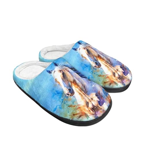 Kuiaobaty Cartoon Tier Hausschuhe für Damen, Winter Scuff Filz Hausschuhe Weich Slip On Warm Haus Indoor/Outdoor Schuhe, Pferdemalerei, blau, 42/42.5 EU von Kuiaobaty