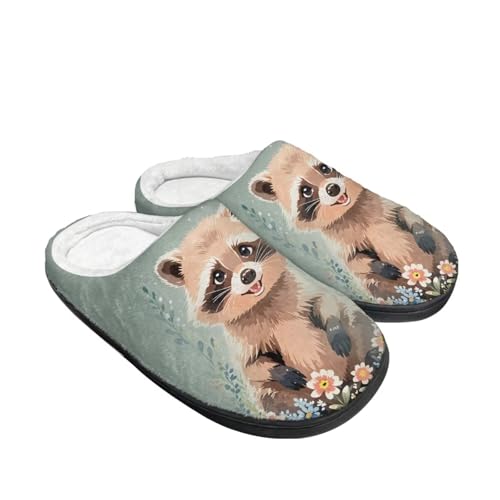 Kuiaobaty Cartoon Tier Hausschuhe für Damen, Winter Scuff Filz Hausschuhe Weich Slip On Warm Haus Indoor/Outdoor Schuhe, Waschbär-Blume, 40.5/41 EU von Kuiaobaty