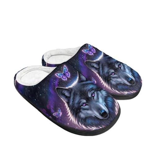 Kuiaobaty Cartoon Tier Hausschuhe für Damen, Winter Scuff Filz Hausschuhe Weich Slip On Warm Haus Indoor/Outdoor Schuhe, Wolf Schmetterling, 42/42.5 EU von Kuiaobaty