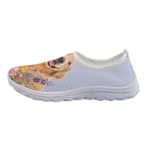 Kuiaobaty Corgi Hundeschädel Damen Slip On Mesh Sommer Laufschuhe Krankenschwester Arbeitsschuhe Walk Casual Sneaker Schuhe, Gold Retriever Floral, 37 EU von Kuiaobaty