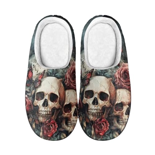 Kuiaobaty Damen Bequeme Hausschuhe Gothic Halloween Memory Foam Scuffs Hausschuhe Haus Winterschuhe mit Outdoor-Sohle, Aquarell-Schädel-Rosen, 43.5/44 EU von Kuiaobaty
