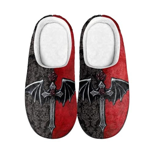 Kuiaobaty Damen Bequeme Hausschuhe Gothic Halloween Memory Foam Scuffs Hausschuhe Haus Winterschuhe mit Outdoor-Sohle, Gothic Damast Fledermauskreuz, 45/45.5 EU von Kuiaobaty