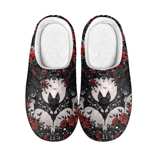 Kuiaobaty Damen Bequeme Hausschuhe Gothic Halloween Memory Foam Scuffs Hausschuhe Haus Winterschuhe mit Outdoor-Sohle, Rose Bush Fledermaus, 40.5/41 EU von Kuiaobaty