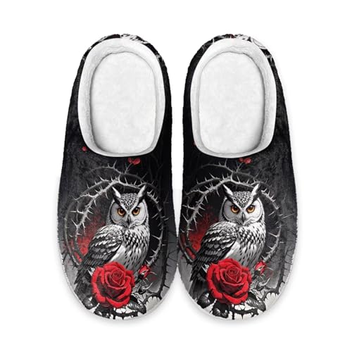 Kuiaobaty Damen Bequeme Hausschuhe Gothic Halloween Memory Foam Scuffs Hausschuhe Haus Winterschuhe mit Outdoor-Sohle, Rose Thorn Eule, 42/42.5 EU von Kuiaobaty