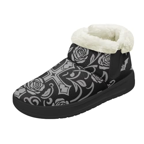 Kuiaobaty Damen Bootie Hausschuhe Memory Foam Haus Hausschuhe Halloween Gothic Schlupfschuhe Warm Gefüttert Stiefeletten, Cross Roses Schwarz, 45 EU von Kuiaobaty