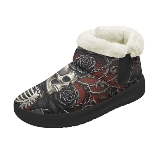 Kuiaobaty Damen Bootie Hausschuhe Memory Foam Haus Hausschuhe Halloween Gothic Schlupfschuhe Warm Gefüttert Stiefeletten, Dorn-Skelett-Rose, 45 EU von Kuiaobaty