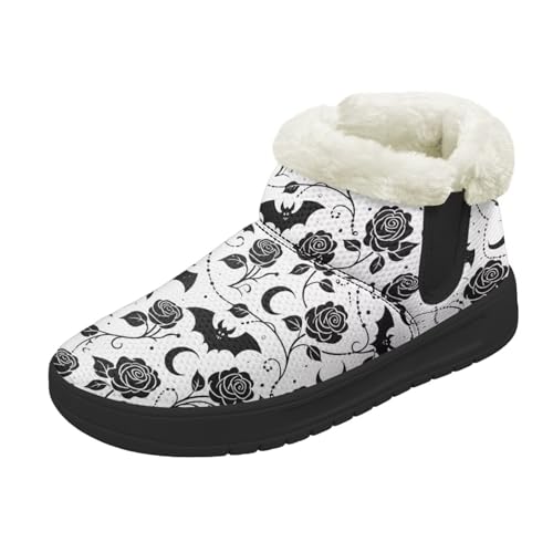 Kuiaobaty Damen Bootie Hausschuhe Memory Foam Haus Hausschuhe Halloween Gothic Schlupfschuhe Warm Gefüttert Stiefeletten, Hexe Fledermaus Rose, 41.5 EU von Kuiaobaty