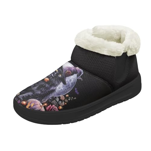 Kuiaobaty Damen Bootie Hausschuhe Memory Foam Haus Hausschuhe Halloween Gothic Schlupfschuhe Warm Gefüttert Stiefeletten, Hexenkatze, 39 EU von Kuiaobaty